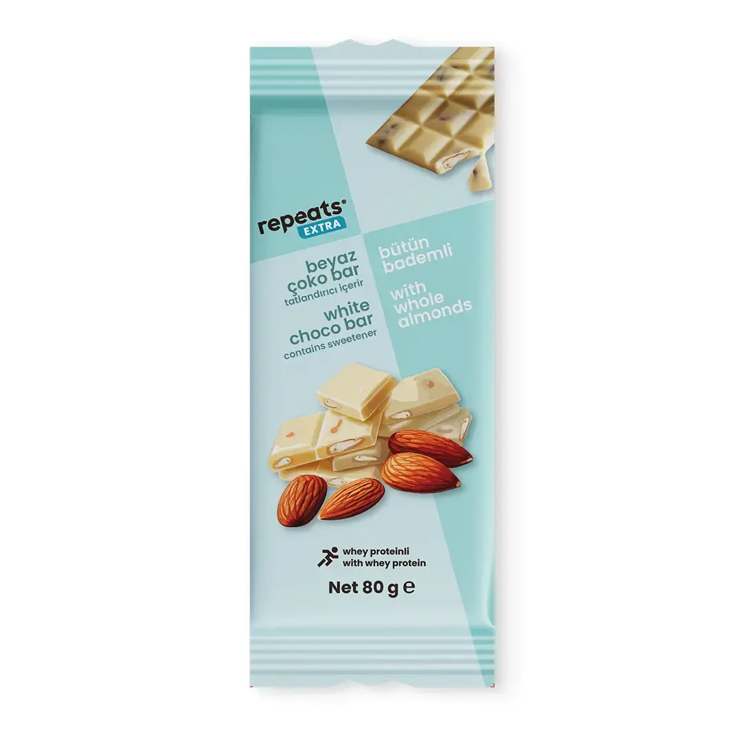 Repeats Extra Beyaz Çikolata Bar Bütün Bademli 10x80g – Whey Proteinli White Choco Bar