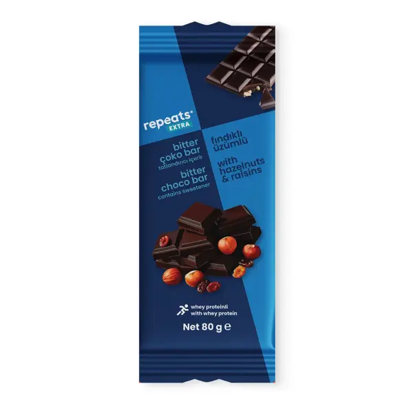 Repeats Extra Bitter Çikolata Bar Fındıklı Üzümlü 80g – Whey Proteinli Bitter Choco Bar