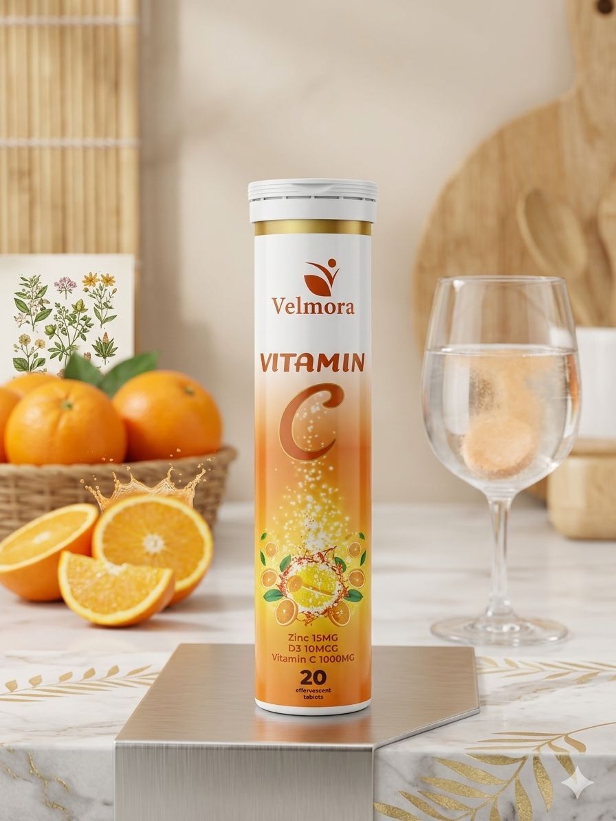 Velmora Vitamin C Efervesan Tablet 1000 mg + Çinko & D3 | 20 Tablet | Bağışıklık Desteği