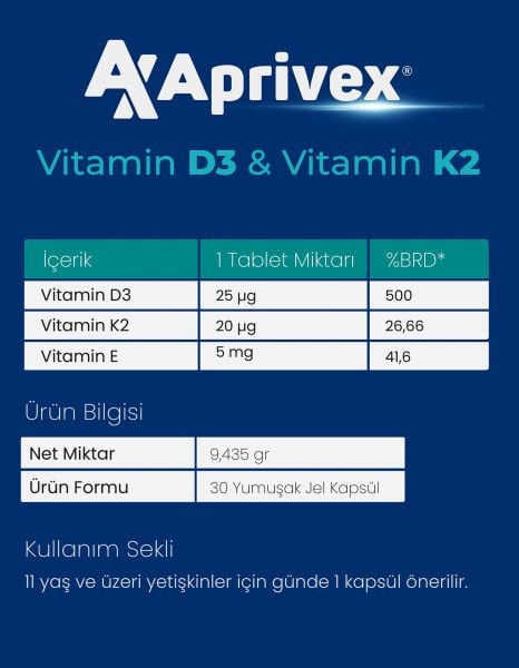 APRİVEX D3 - K2 30 YUMUŞAK KAPSÜL