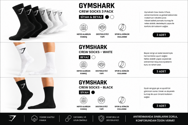 Gymshark Crew Socks 3’lü Uzun Spor Çorabı – Siyah & Beyaz Renk Seçenekleri