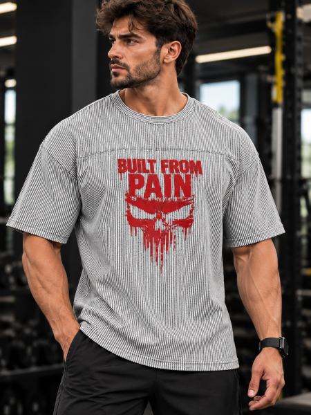 Erkek Oversize Çizgili Tişört – Koyu Gri  ve Acık Grı Built From Pain Baskılı