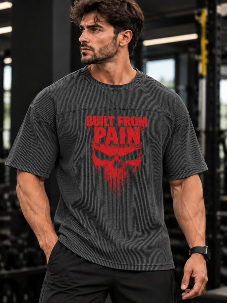 Erkek Oversize Çizgili Tişört – Koyu Gri  ve Acık Grı Built From Pain Baskılı