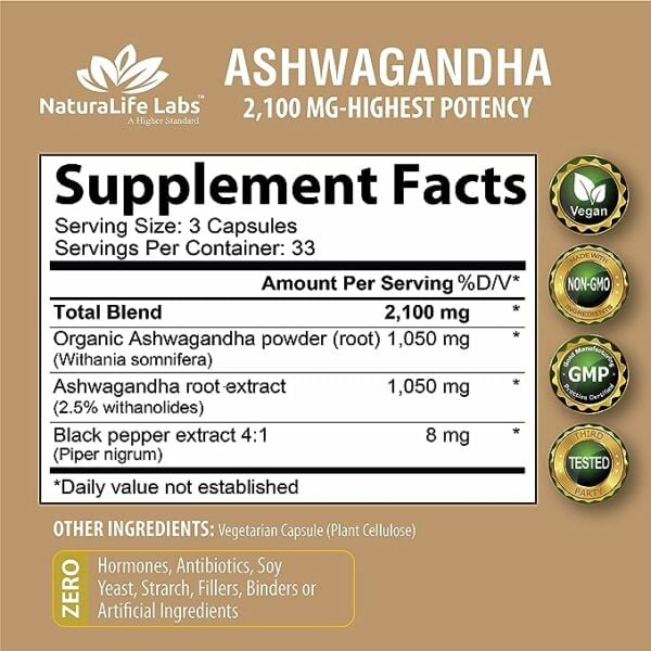 NaturaLife Labs Organic Ashwagandha 2,100 mg-100 Vegan Capsules